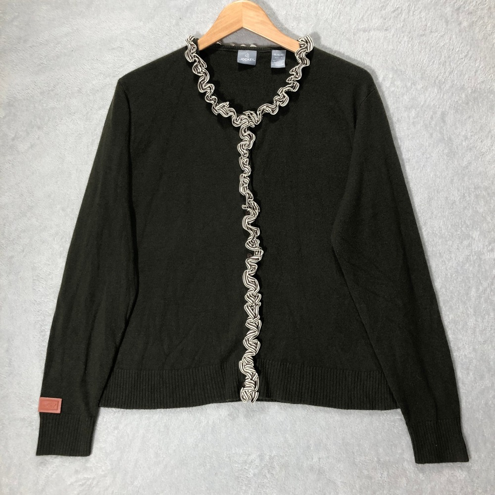 Olive Green Cardigan Ruffle Trim‎ Knit Sweater Top by Jockey Women's Size XL